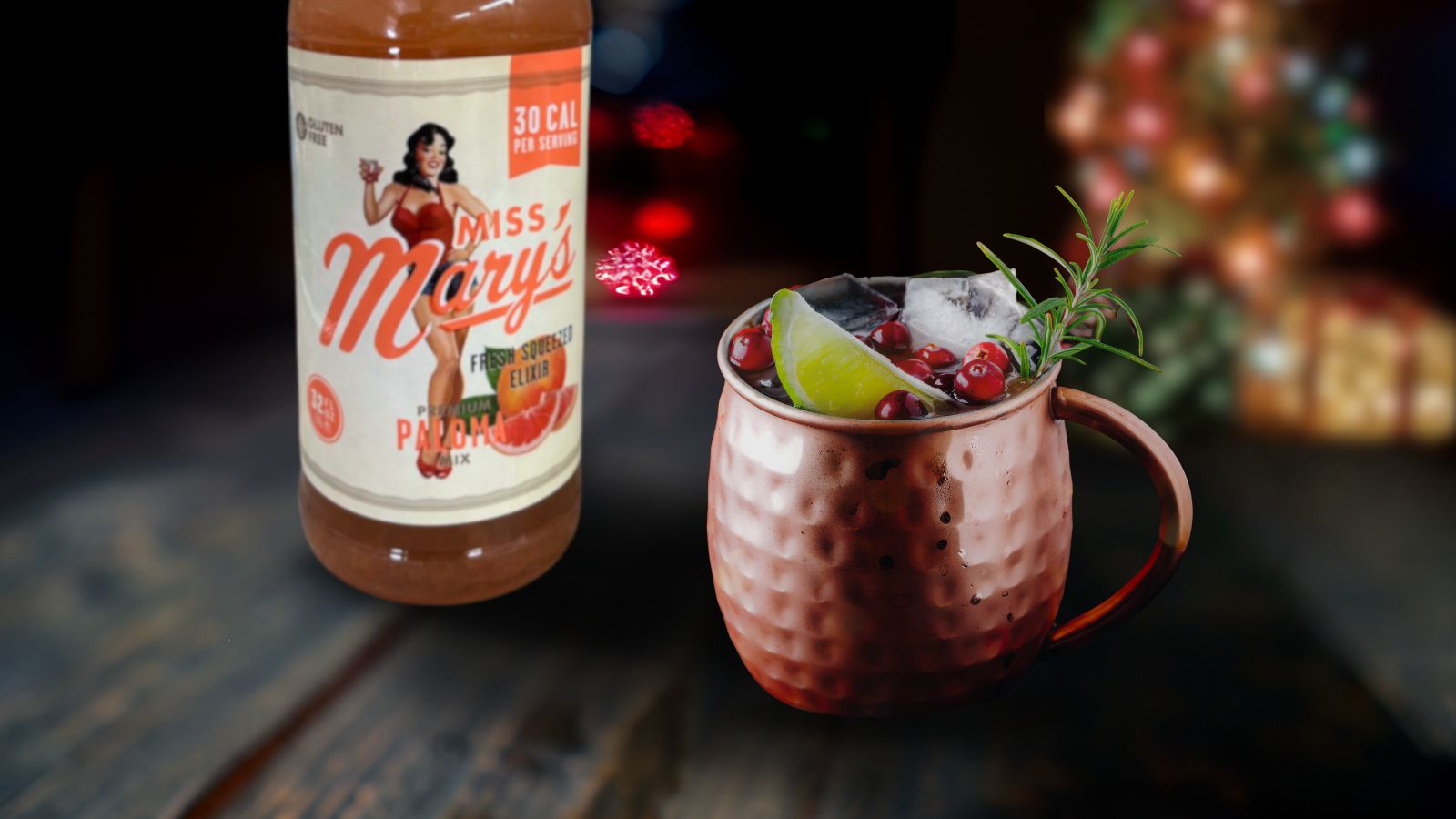 holiday cocktail in copper mug with paloma mix