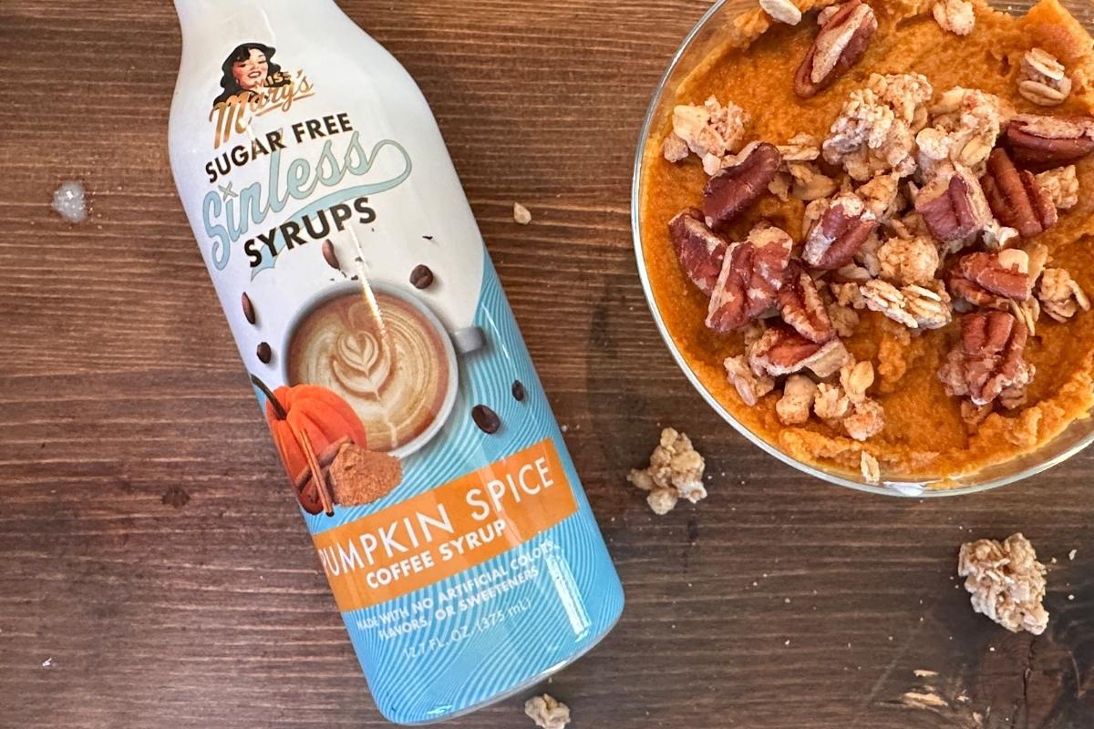 Pumpkin Spice syrup bottle with pumpkin parfait and granola1 granola