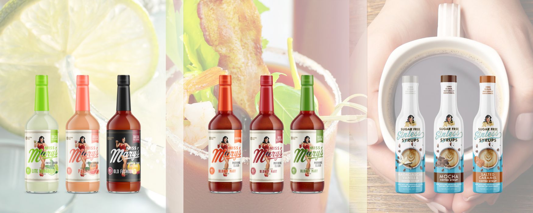 Miss Mary's cocktail mix, bloody mary mix, and coffee syrup bottles over drink closeups