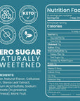 Miss Mary's Sinless Syrups Nutrition Facts label with text "water, natural flavor, cellulose gum, stevia leaf extract, sodium acid sulfate, sodium benzoate, and monk fruit."