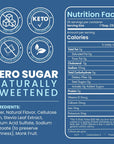 Nutrition label for Sinless Syrups with zero sugar, keto-friendly, and naturally sweetened features on a blue background.