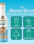 Bottle of Sugar Free Sinless Syrups Almond Biscotti syrup with icons for coffee, yogurt, tea, and smoothies on a blue background.