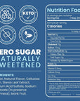 Nutrition label for a product with zero sugar and naturally sweetened ingredients on a blue background.