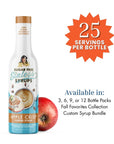 Sugar-free syrup bottle with an apple and text about servings and packaging options on a white background