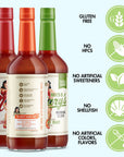 Bloody Mary Mix sampler bottles and attributes on blue background
