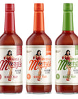 Three types of Bloody Mary Mix bottles on white background