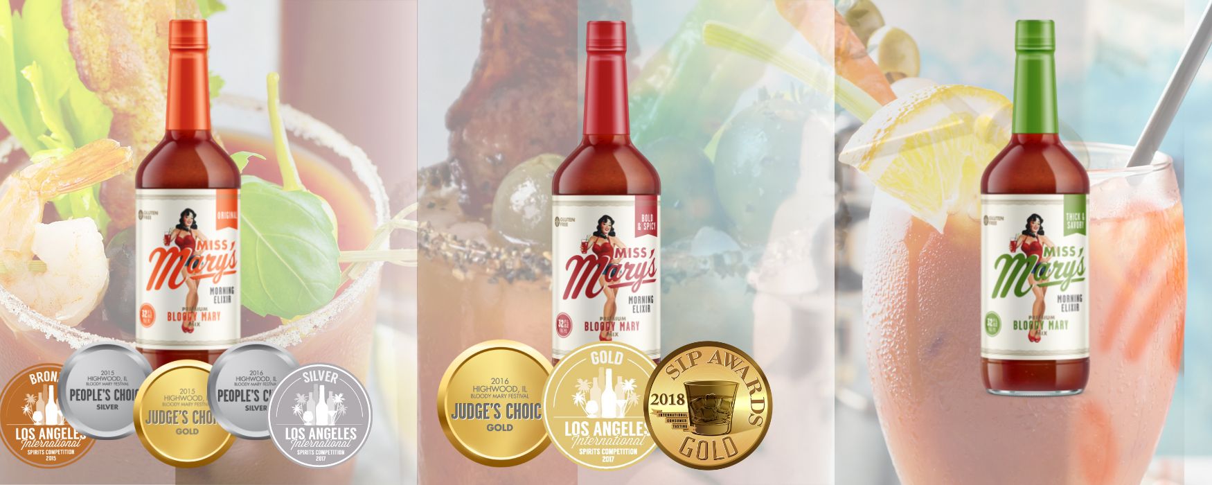 Miss Mary's Bloody Mary mix bottles with awards over bloody mary background
