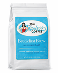 Coffee bag with a blue label featuring a logo and text on a white background