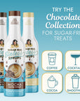 Miss Mary's Sugar-Free Mocha, Salted Dark Chocolate, and White Chocolate coffee syrups with text 'TRY Chocolate Collection FOR SUGAR-FREE TREATS' and graphics for Coffee, Cocktails, Cocoa, and Smoothies against a blue background.