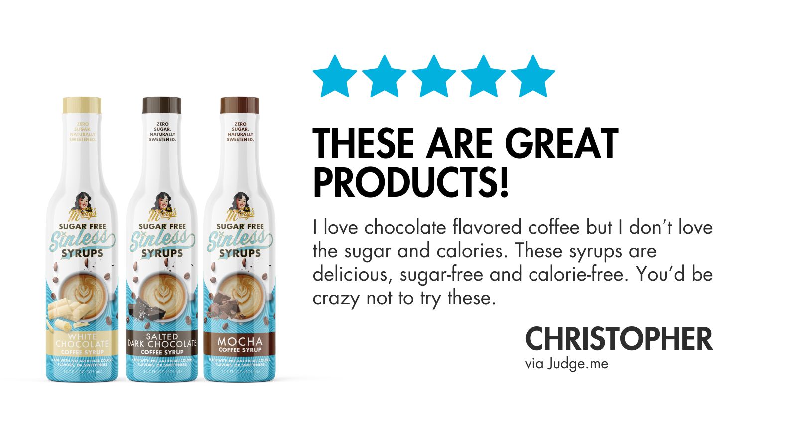 Three bottles of chocolate-flavored syrups with a five-star rating and customer review on a white background.