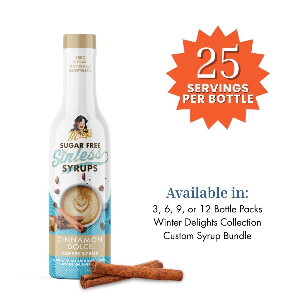 Sugar Free Cinnamon Dolce Sinless Syrups bottle with product details on a white background
