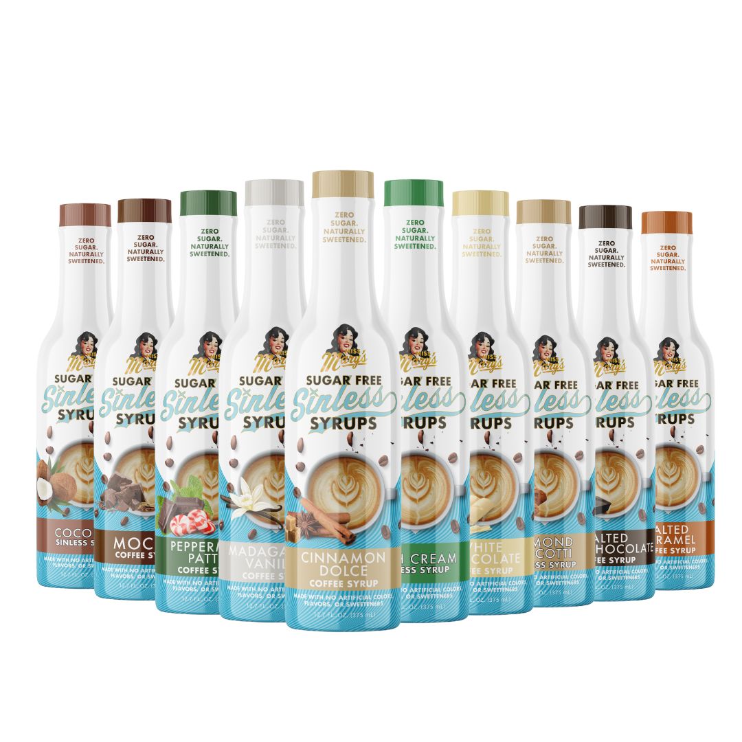 Cinnamon Dolce syrup in row of various Sinless Syrup flavors on a white background