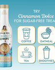 A bottle of Miss Mary's Cinnamon Dolce sugar-free coffee syrup with text 'TRY Cinnamon Dolce FOR SUGAR-FREE TREATS' and four icons: coffee, oatmeal, tea, and smoothies.