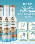 Miss Mary's Sugar-Free Madagascar Vanilla, Mocha, and Salted Caramel coffee syrups with text 'TRY the Classic Collection FOR SUGAR-FREE TREATS' and graphics for Coffee, Yogurt, Oatmeal, and Smoothies against a blue background.