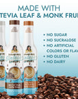 Three bottles of Mrs. Sugar Free Syrup in Madagascar Vanilla, Mocha Coffee, and Salted Caramel flavors, displayed against a light blue gradient background with coffee beans at the bottom and text highlighting stevia and monk fruit ingredients.