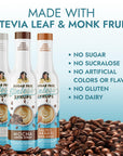 Madagascar Vanilla, Mocha, and Salted Caramel Sinless Syrup bottles with text "Made with Stevia Leaf & Monk Fruit" on light blue gradient background with coffee beans at the bottom.