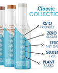 Three bottles of Sinless Syrups labeled as keto friendly, sugar free, zero net carbs, gluten free, and plant based.