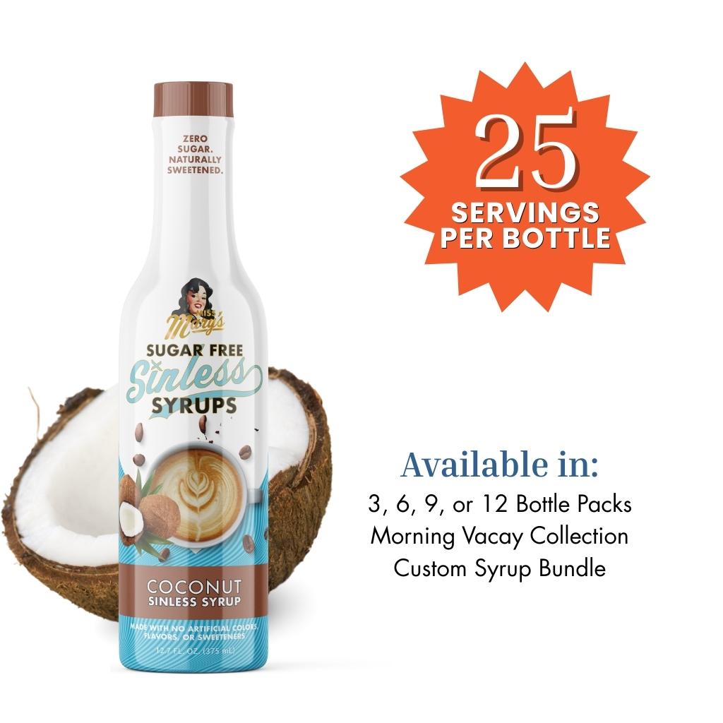 Bottle of Sugar Free Sinless Syrups with coconut half and product details on a white background