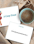 Cozy Treat gift note card with pin-up illustration and teal mug