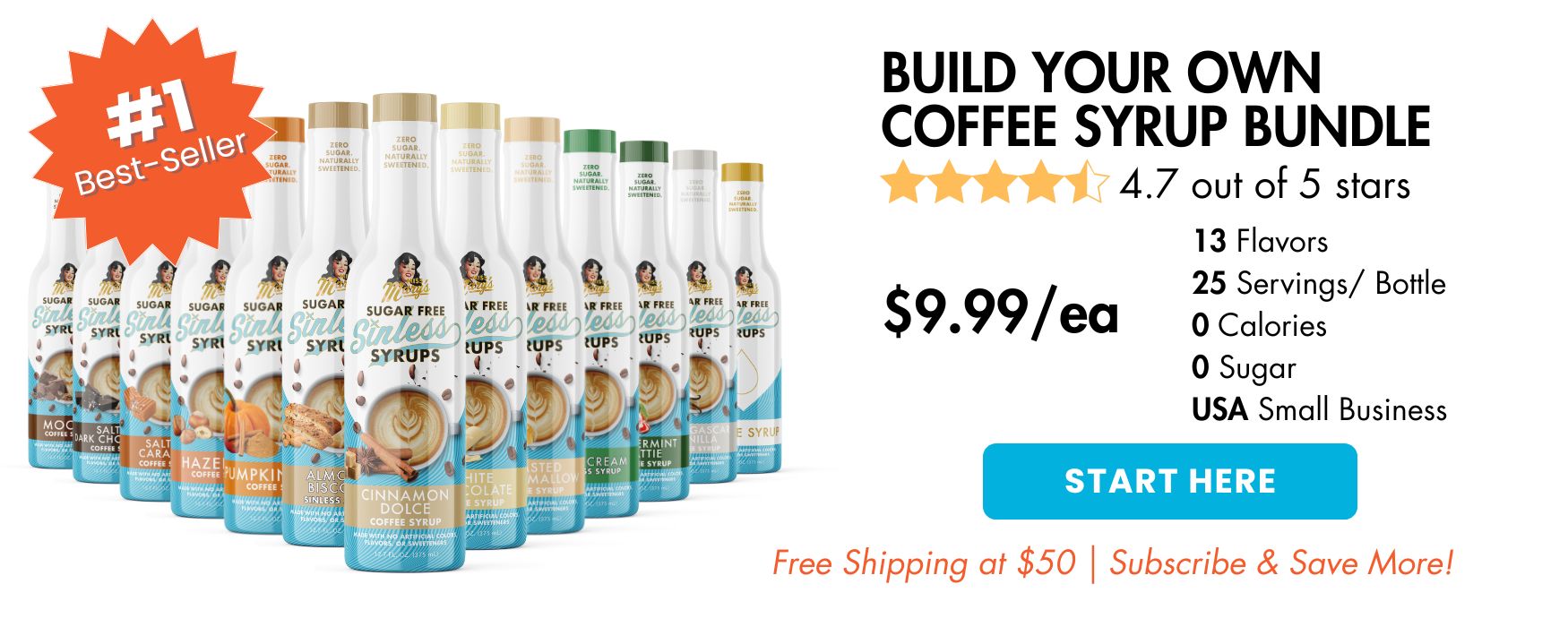 Coffee syrup bottles with promotional text for a bundle offer.
