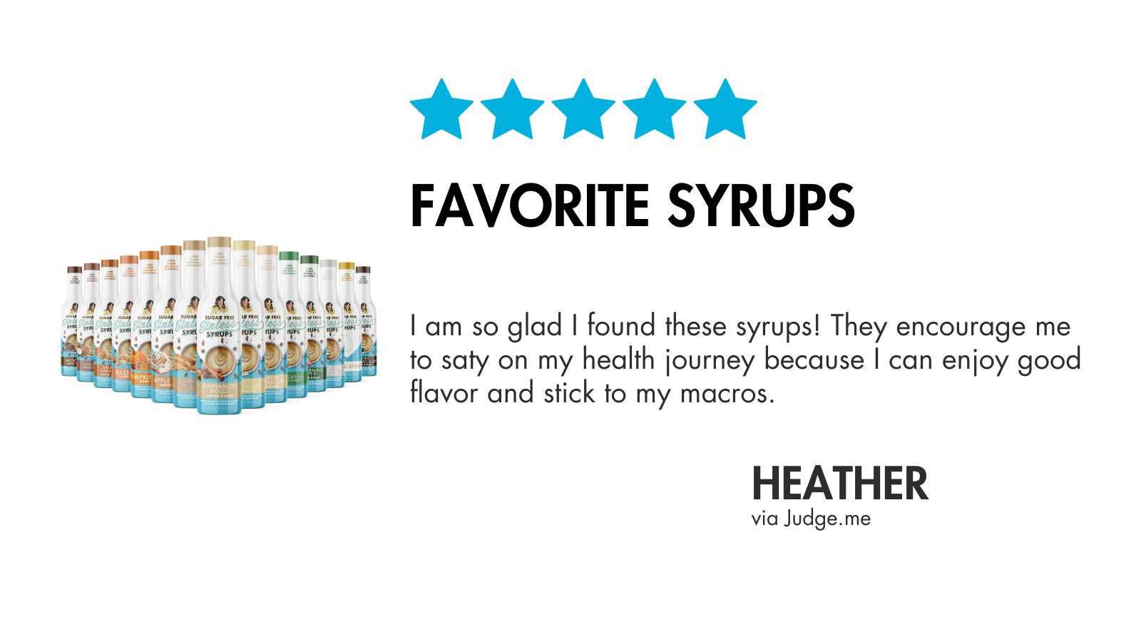 Sinless syrups lineup with a five-star rating and customer review on a white background