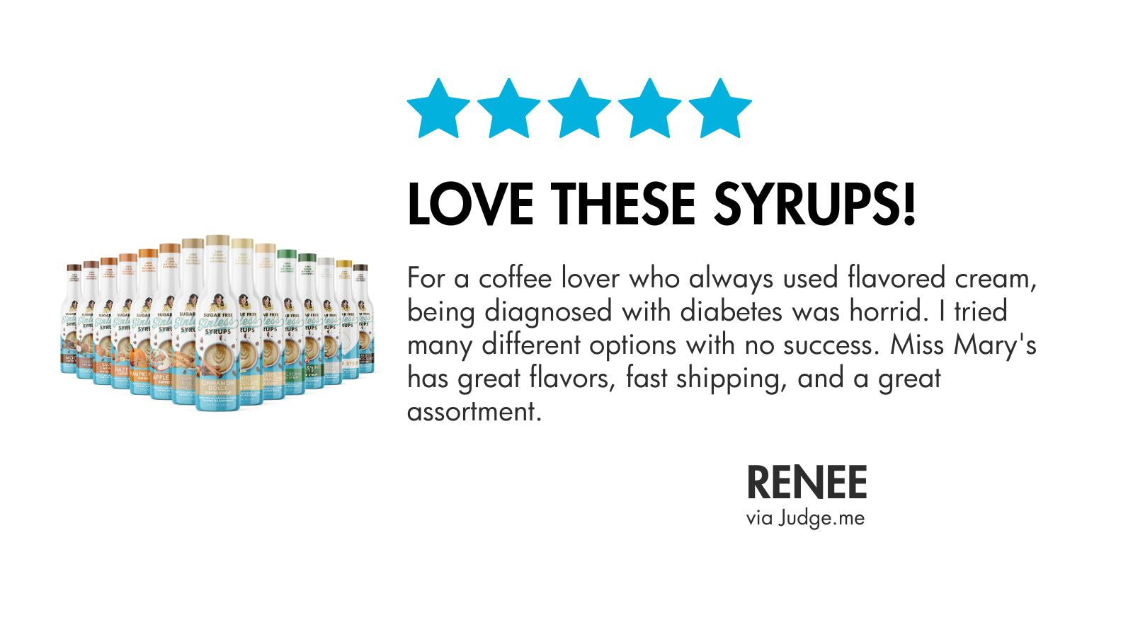 Sinless Syrup lineup with customer Renee review text and star rating on a white background