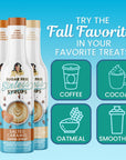 Bottles of sugar-free syrups with icons for coffee, cocoa, oatmeal, and smoothies on a blue background.
