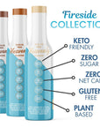 Three bottles of 'Sinless Syrups' brand with text highlighting features like keto friendly, gluten-free, and plant-based on a white background.