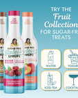 Miss Mary's Sugar-Free Raspberry, Peach, and Coconut syrups with text 'TRY the Fruit Collection FOR SUGAR-FREE TREATS' and graphics for Water, Yogurt, Iced Tea, and Cocktails against a blue background.