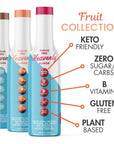 Three Fruit Sinless Syrup bottles with features highlighted on a white background.