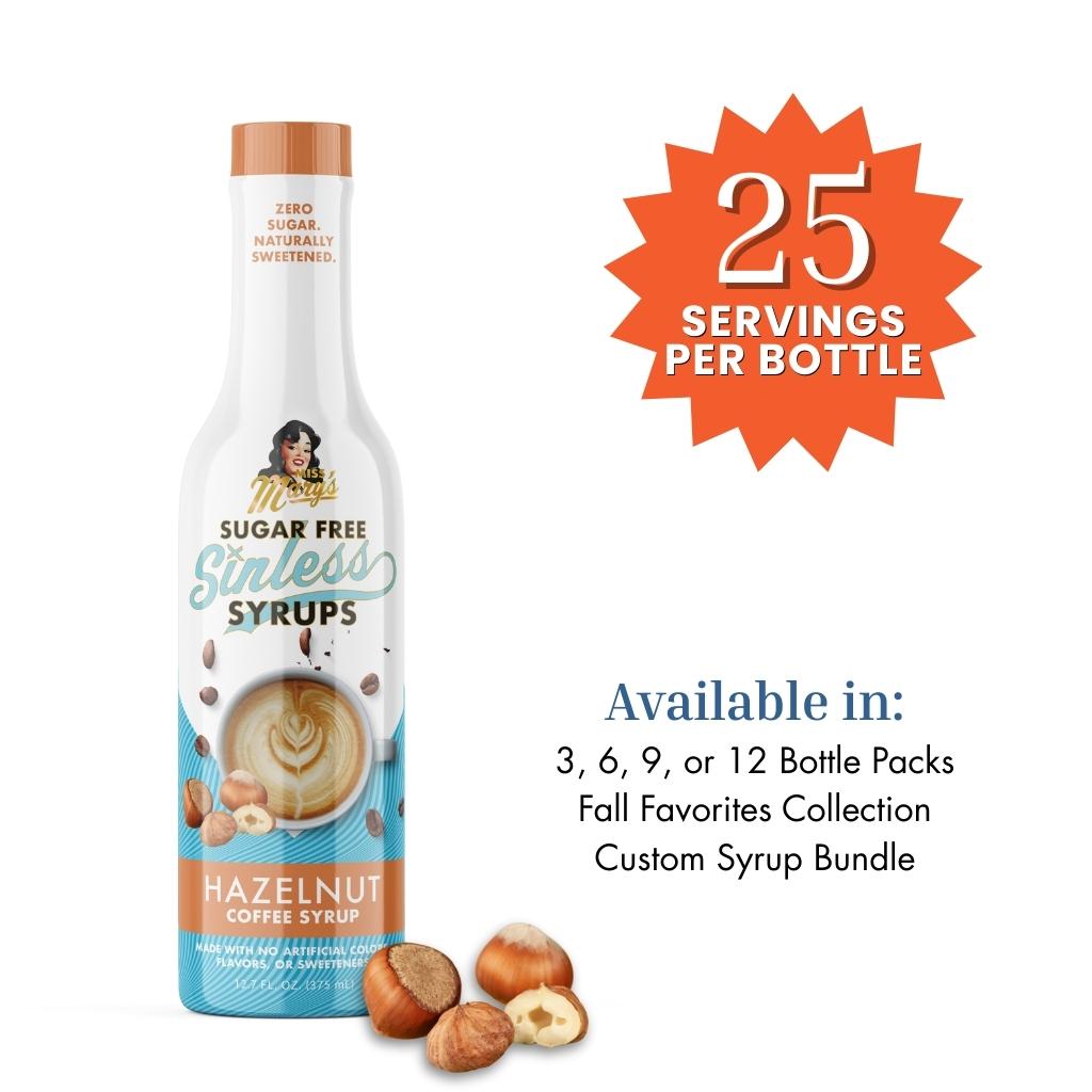 Sugar-free hazelnut Sinless syrup bottle with product details on a white background