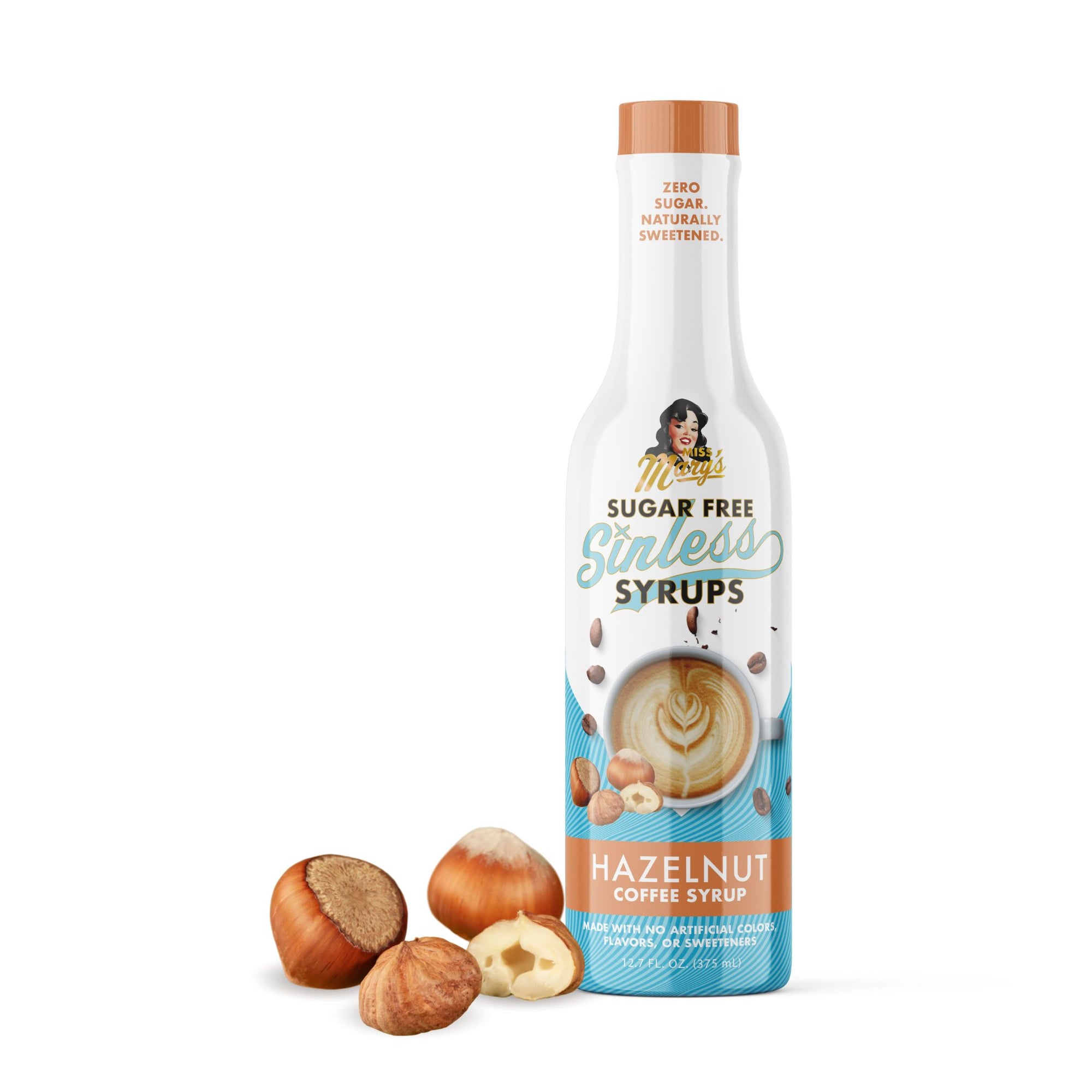 Bottle of sugar-free hazelnut coffee syrup with hazelnuts on a white background