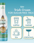 A bottle of Miss Mary's Irish Cream Sugar Free Sinless Syrup with text "Try Irish Cream for Sugar-Free Treats" and icons for coffee, yogurt, tea, and cocktails.