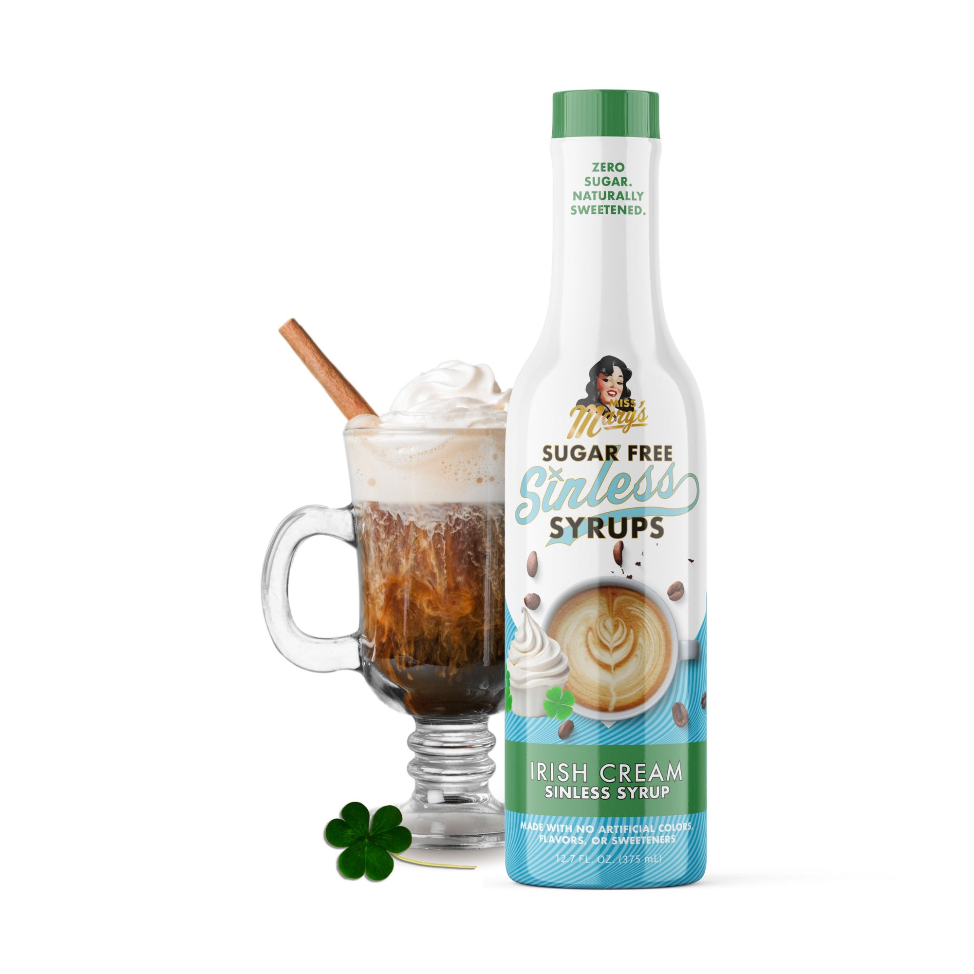 Sugar Free Irish Cream Sinless Syrup with an Irish coffee and shamrock