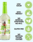 Bottle of Miss Mary's Lite Margarita with health benefits text and icons on a white background
