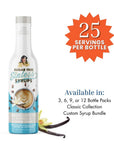 Sugar-free Sinless syrup bottle with vanilla flavor, featuring product details including 25 servings per bottle.