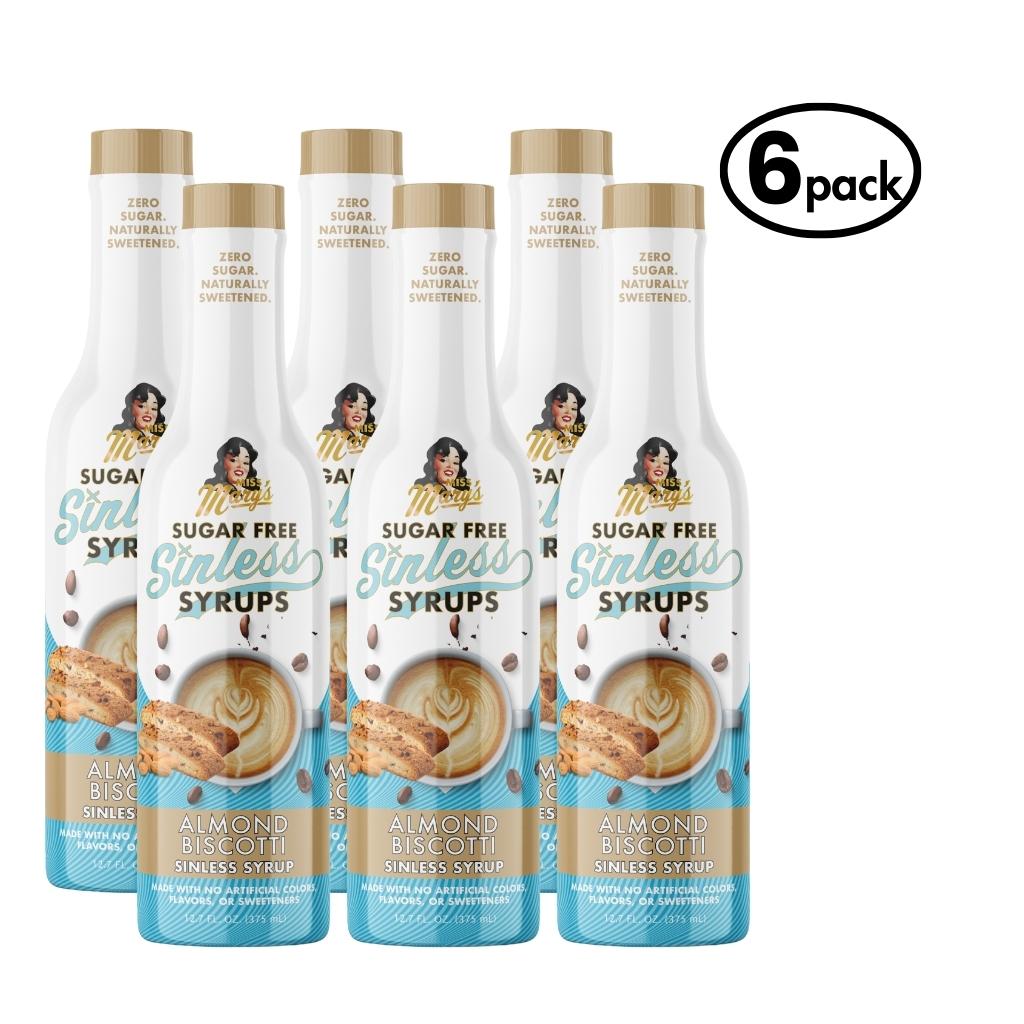 Six bottles of Sugar Free Sinless Syrups Almond Biscotti flavor on a white background.