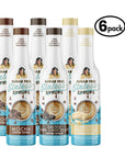 Six bottles of sugar-free coffee syrups with labels for Mocha, Salted Dark Chocolate, and White Chocolate on a white background.