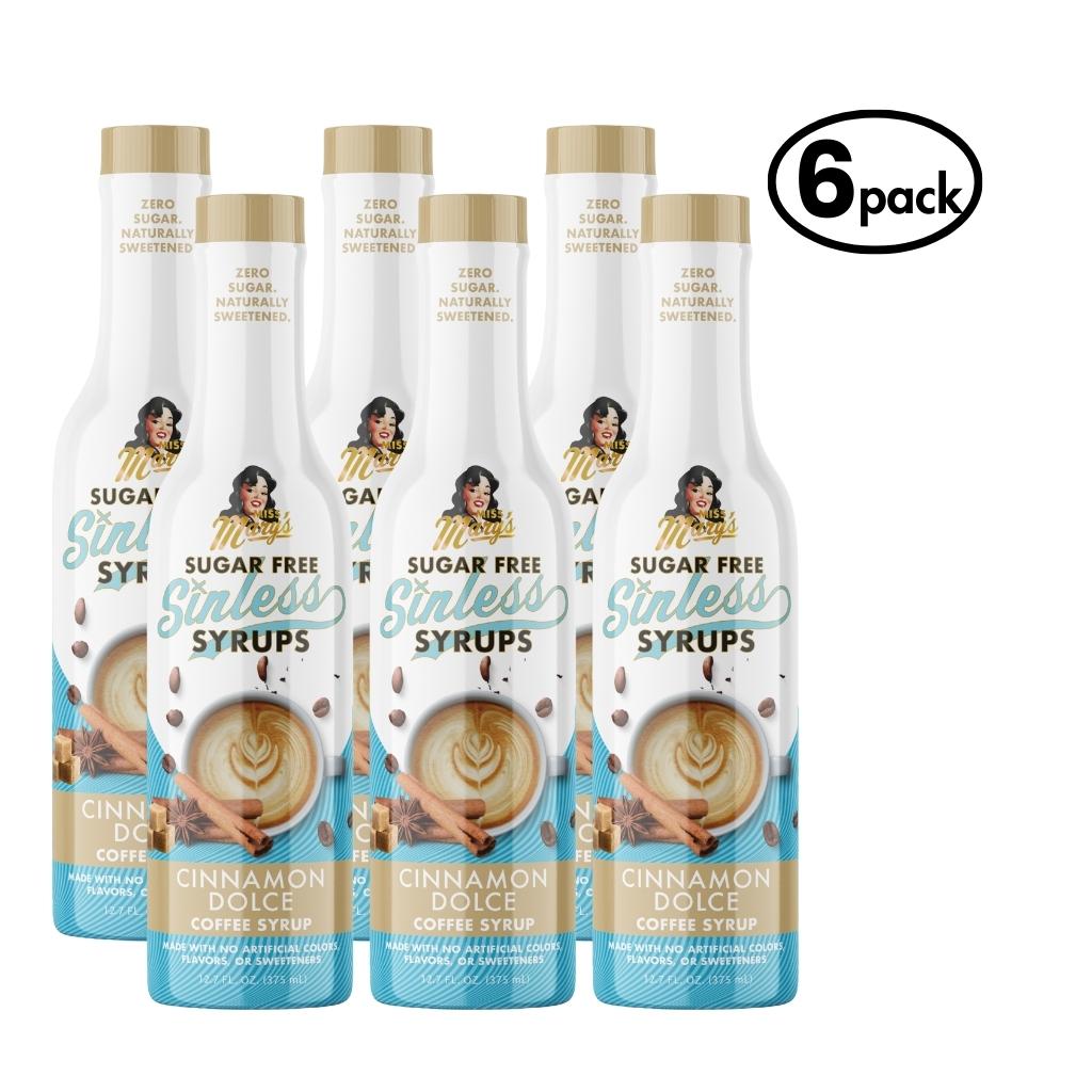 Six bottles of Sugar Free Cinnamon Dolce Sinless Syrups on a white background.