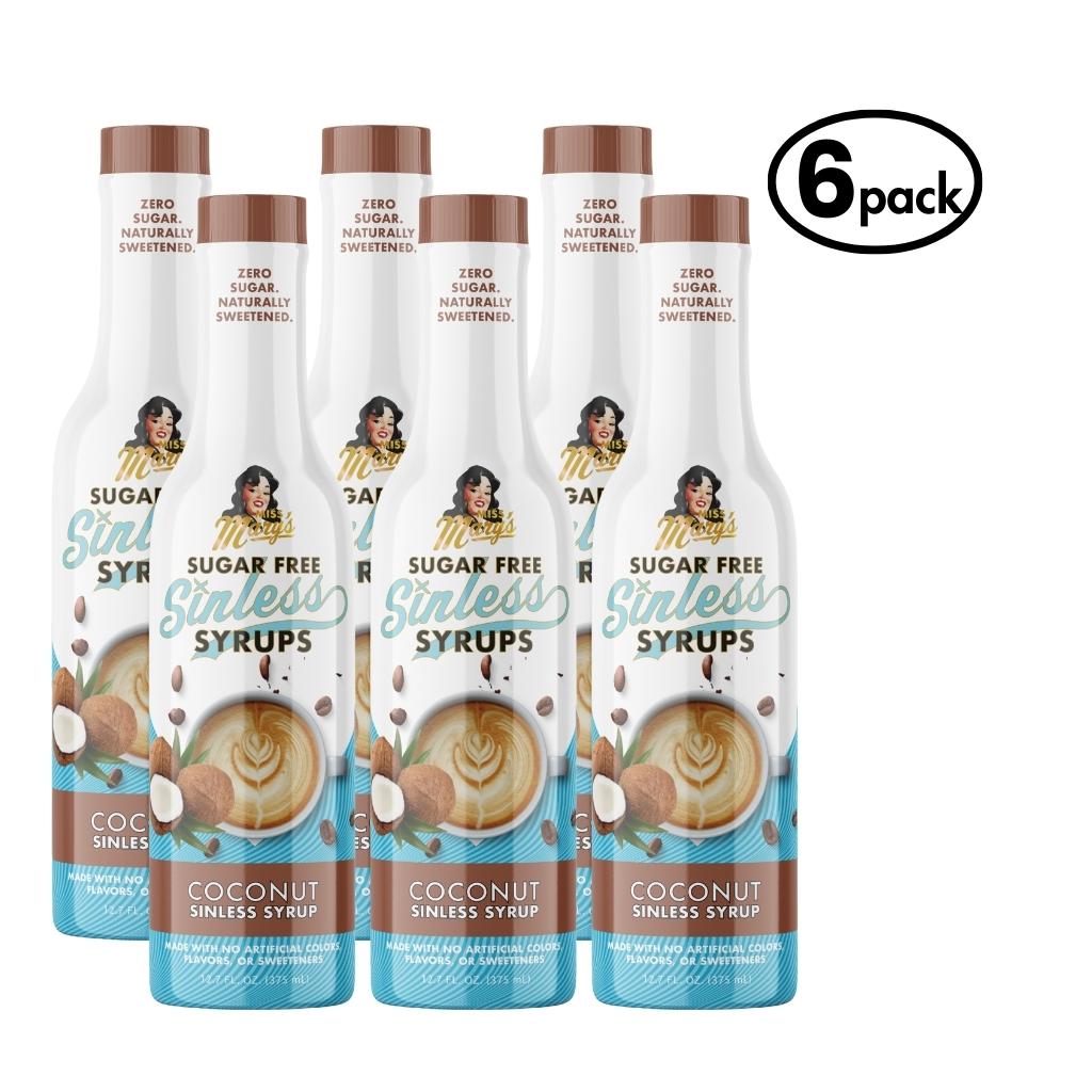 Six bottles of Sugar Free Sinless Syrups with a coconut flavor on a white background.