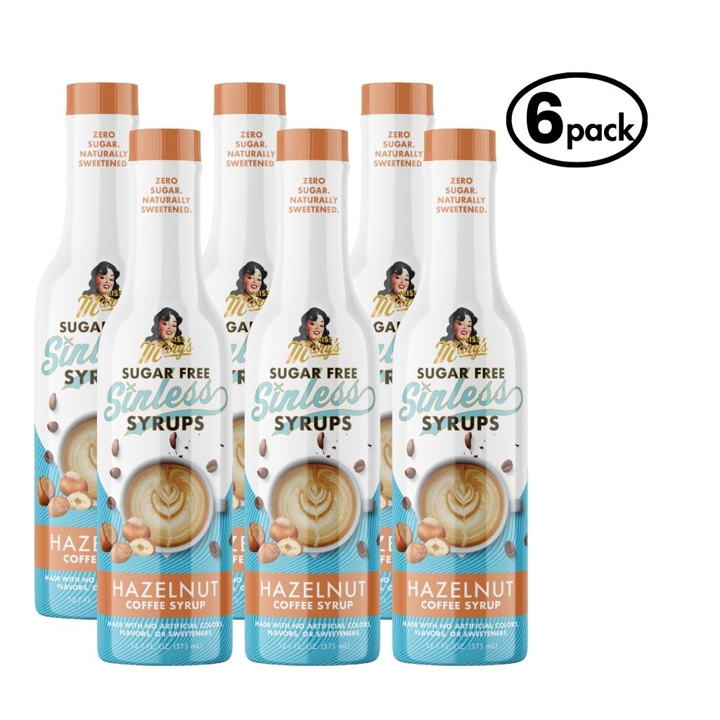 6-pack hazelnut Sugar Free Sinless Syrups on a white background