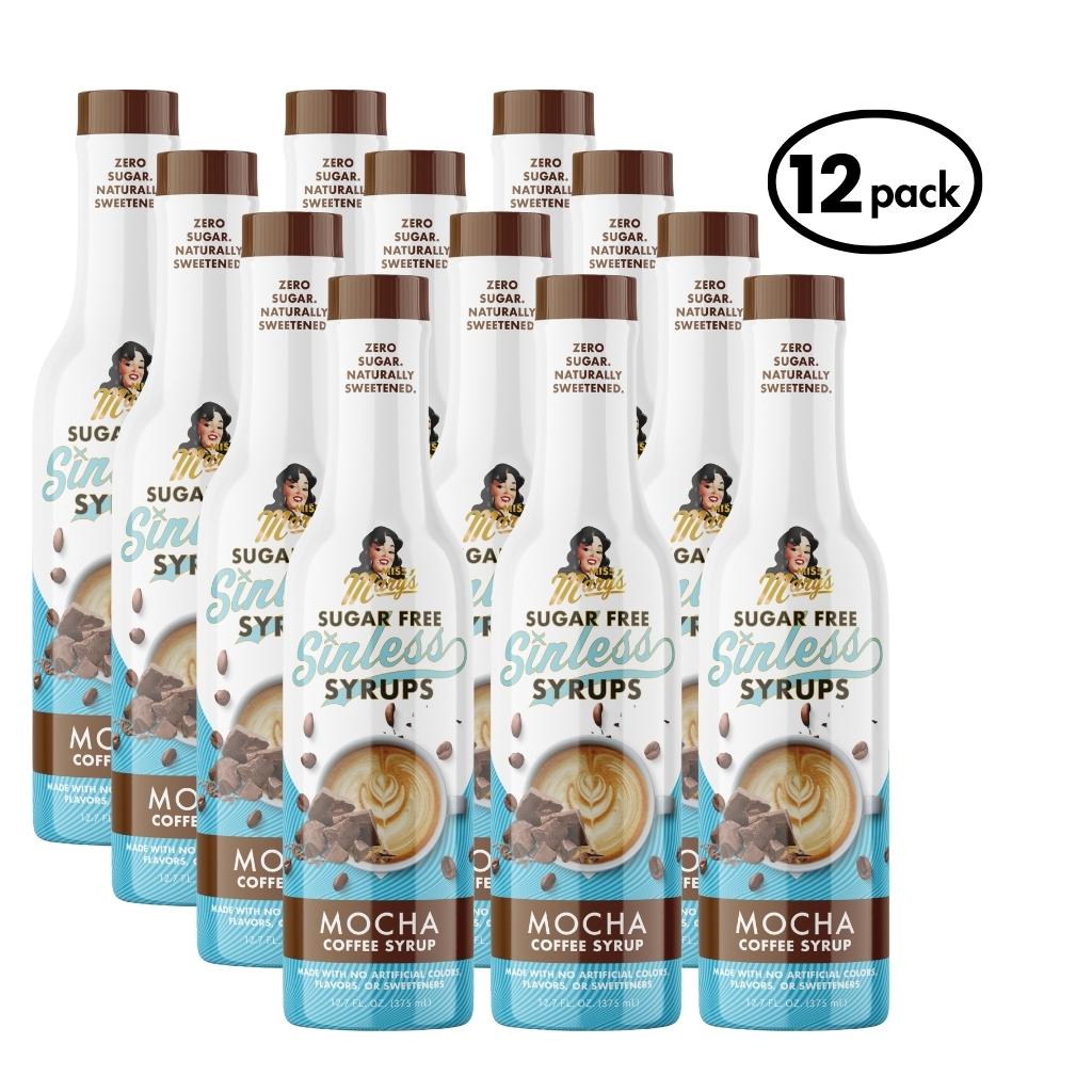 12-pack of Sugar Free Sinless Mocha Coffee Syrup bottles on a white background