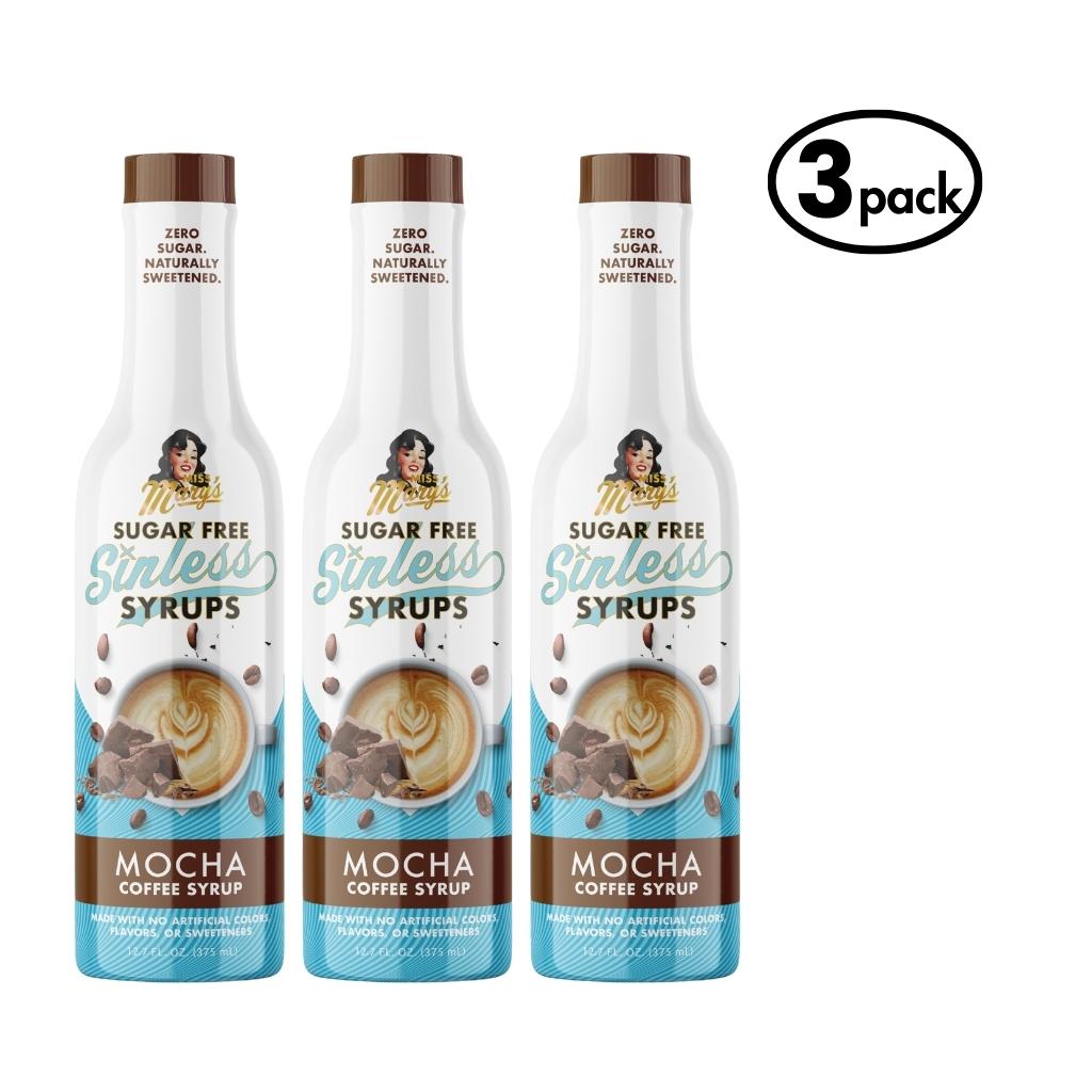 Three bottles of Sugar Free Sinless Syrups Mocha Coffee Syrup on a white background