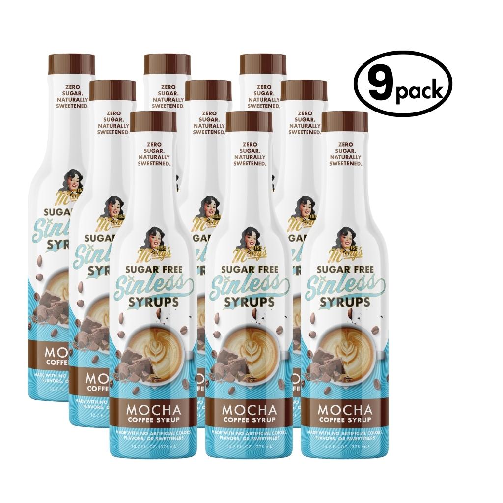 9-pack of mocha Sugar Free Sinless Syrups bottles on a white background