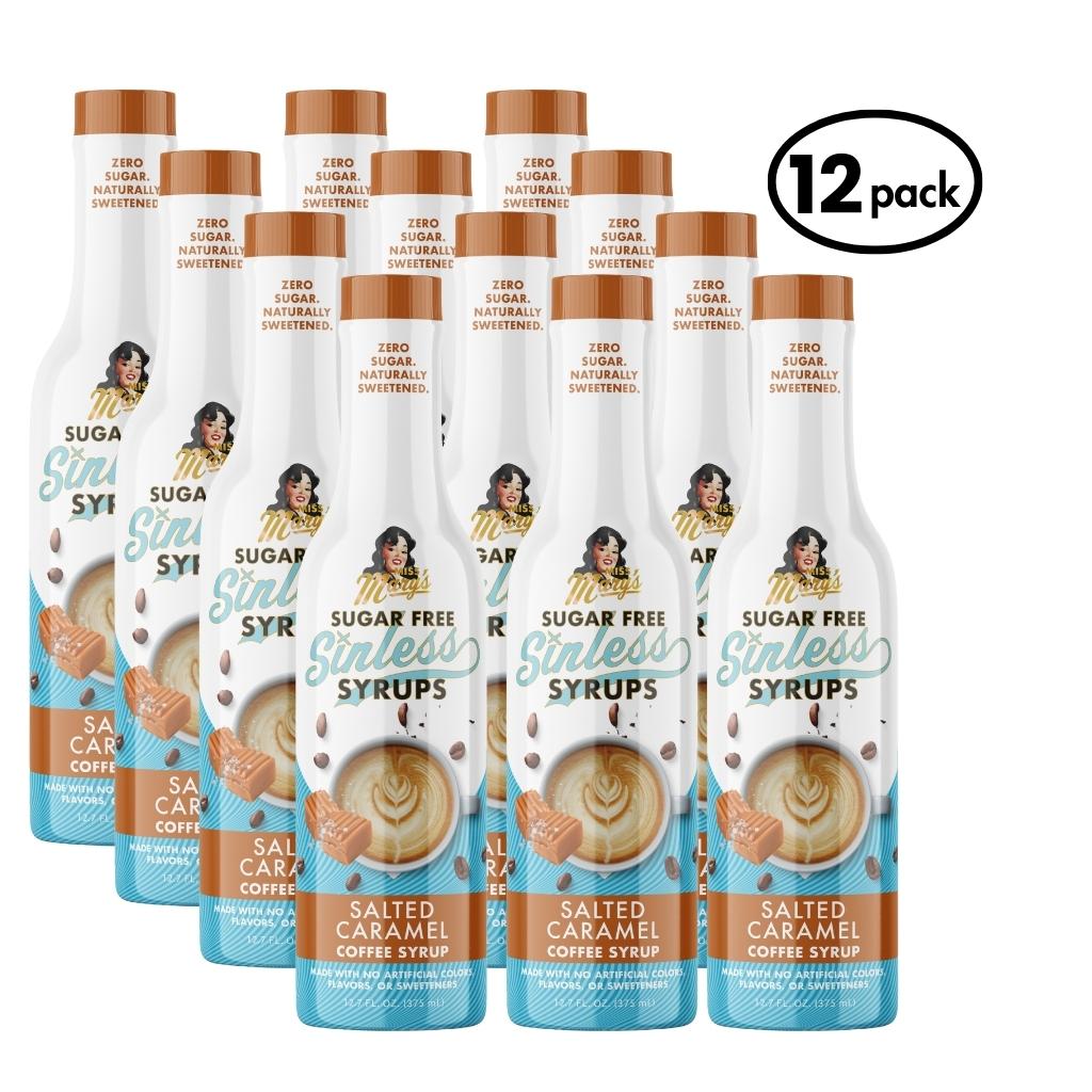 12-pack of Sugar Free Sinless Syrups in Salted Caramel flavor on a white background