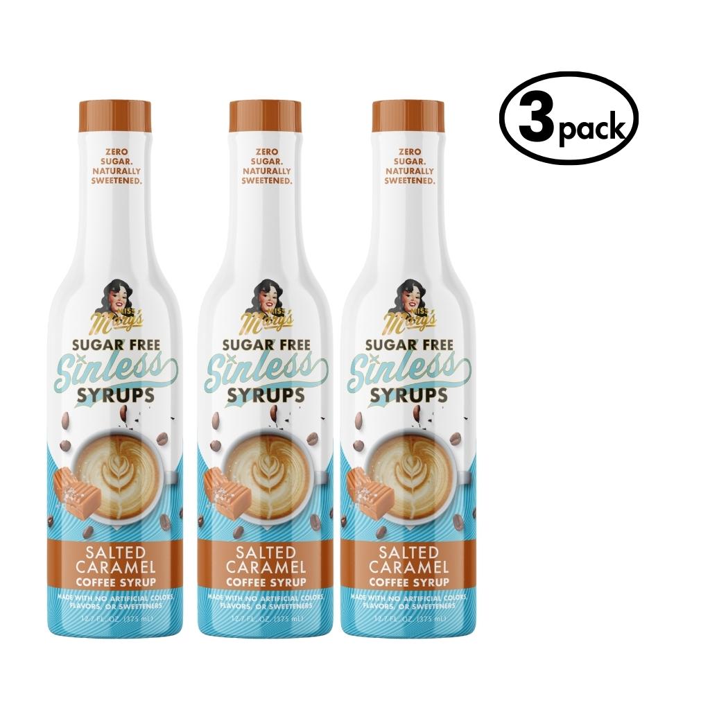 Three bottles of Sugar Free Sinless Syrups salted caramel flavor on a white background.
