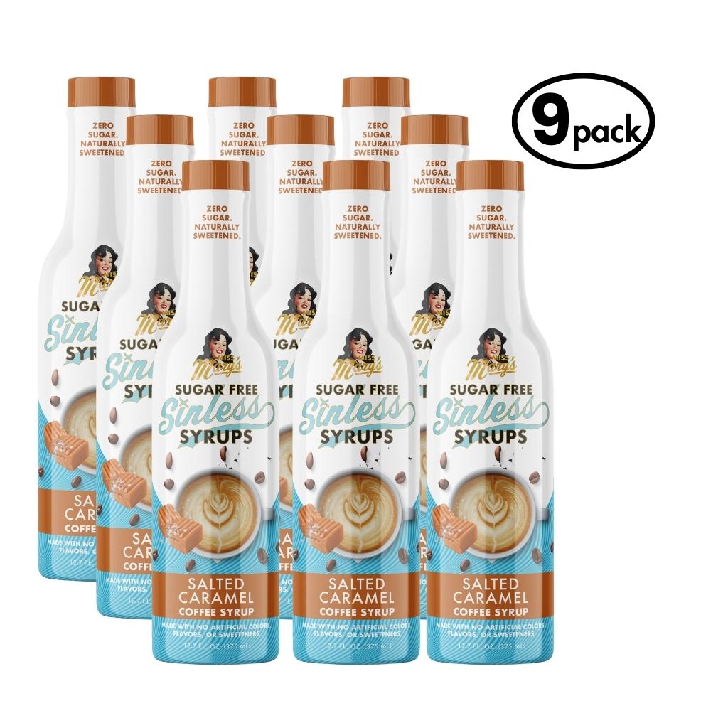 9-pack Sugar Free Sinless Syrups Salted Caramel flavor on a white background.