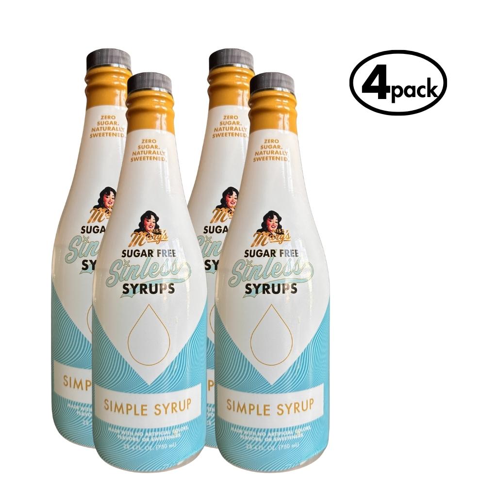 Four bottles of Sugar Free Sinless Simple Syrups on a white background