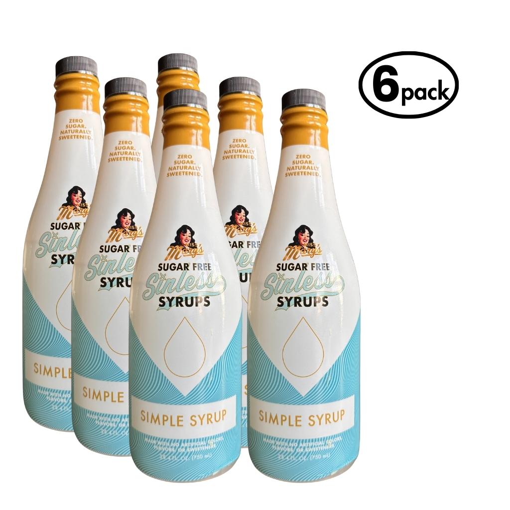 Six bottles of Sugar Free Sinless Simple Syrups with a white background