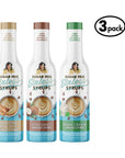 Three bottles of Sugar Free Sinless Syrups with labels for Almond Biscotti, Coconut, and Irish Cream on a white background.